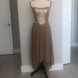 Gold sequined pleated high low dress